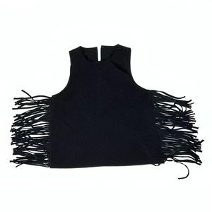 Black sleeveless top with fringe.